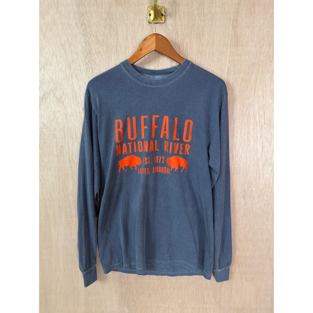 Comfort Colors Mens Buffalo National River Long Sleeve Shirt Blue Medium Cotton